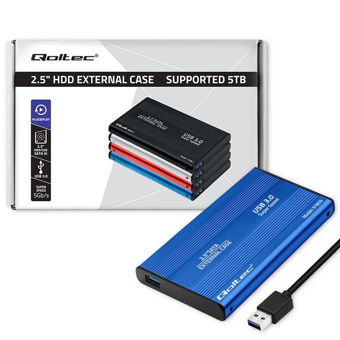 Qoltec Aluminiumgehäuse | Tasche für 2,5" HDD SSD Laufwerke SATA3 | USB 3.0 | Blau