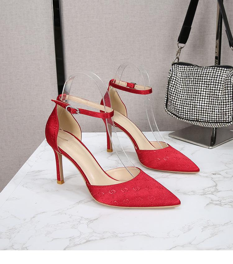 2024 Ladies Silk Champagne Shoes Ankle Strap Sandals Woman Narrow Band High Heels Stilletto Wedges Pumps OL Dress Party Sandalia