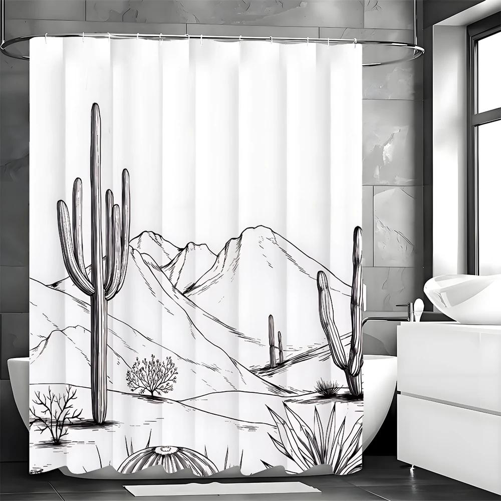 Line Art Desert Cactus Shower Curtain, Bathroom Decorative Shower Curtain, Waterproof Shower Curtain with Hooks