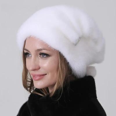 Women Winter White Snow Christmas Hats Natural Mink Fur Luxury Warm Outdoor Hat