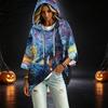 Women's Halloween Printed Hooded Pullover Top with 3/4 Sleeves for Casual Everyday Wear