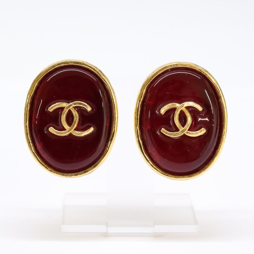 Chanel 93A CC Logos Gripoa Oval Ohrring Gelbgold / rot Gebraucht