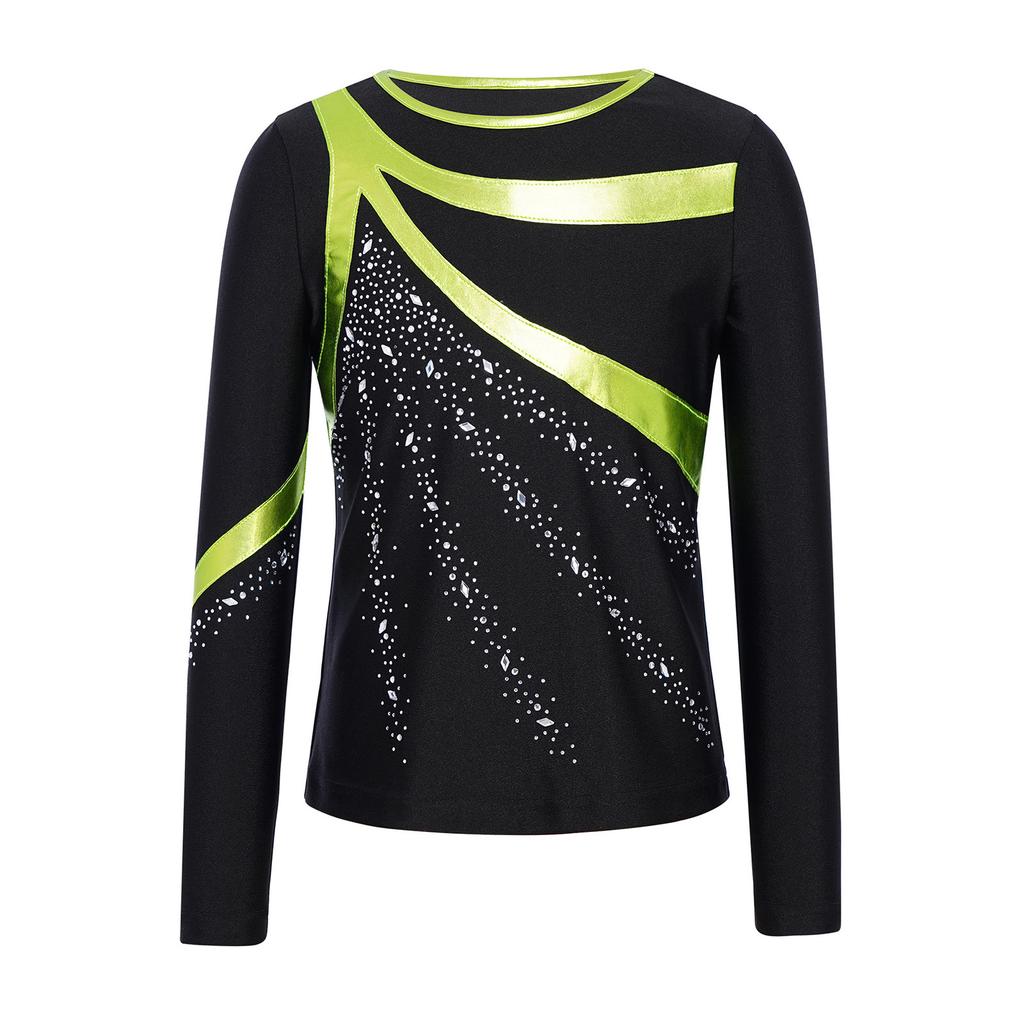 Costum patinaj artistic băieți Gât rotund Mânecă lungă Patchwork metalic Strălucitor Strassuri Top