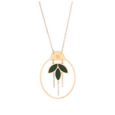 [Q5023] - Designer Necklace 'Boho' Steel Green Gold - 40x28 Mm