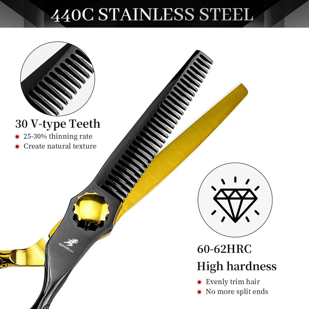 6.0 Inch Nepson Black And Gold Snake Handle Hair Scissors, Hair Scissors, Flat Scissors, Bangs Scissors, Tooth Scissors