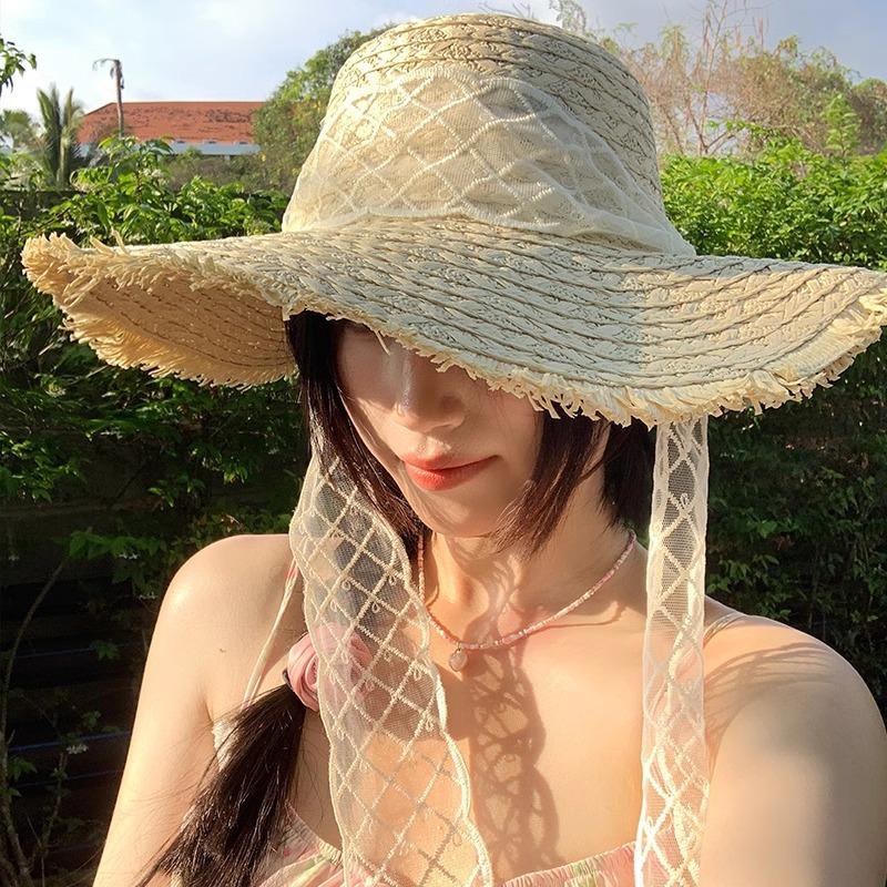Lace Bow Straw Hat Women's Summer French Large Brim Sunscreen Hat Seaside Beach Vacation Sun Hat