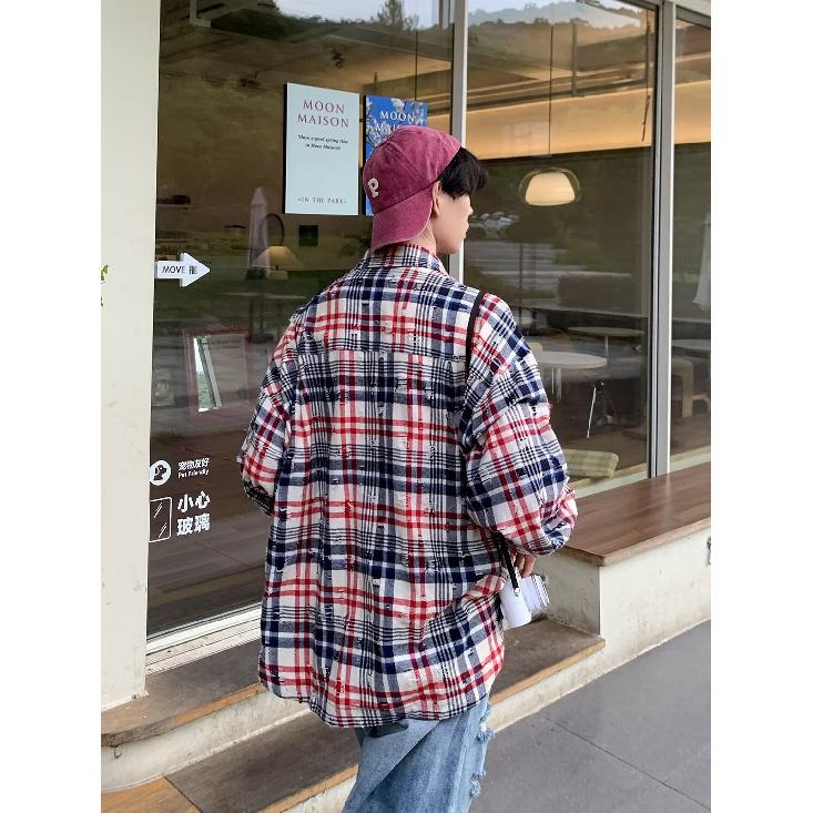 2024 Plaid Langarm Hemd Japanischen Hong Kong Stil Ins Lose Hemd Jungen Sommer Trendy Vielseitig Casual Mantel