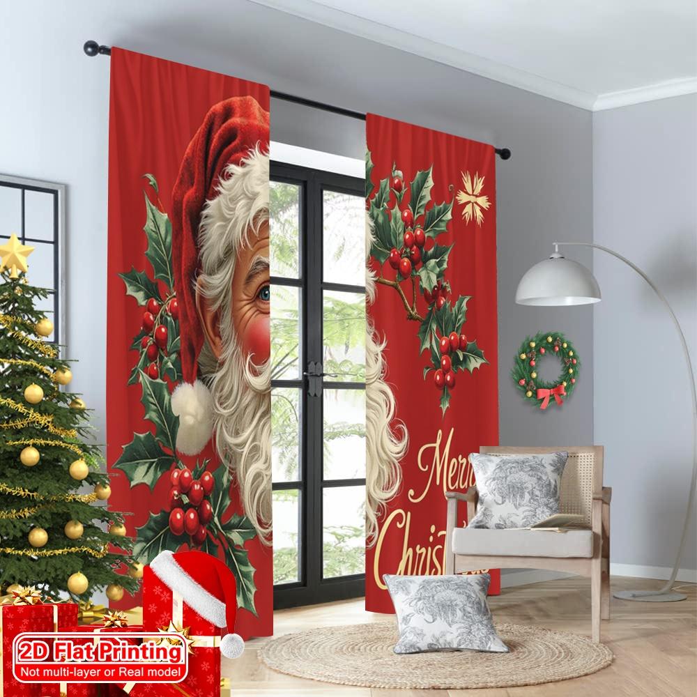 2pcs 2D Flat Printing Merry Christmas Curtains Merry Christmas Santa Claus_c Polyester Without Electricity Spring for Entryway