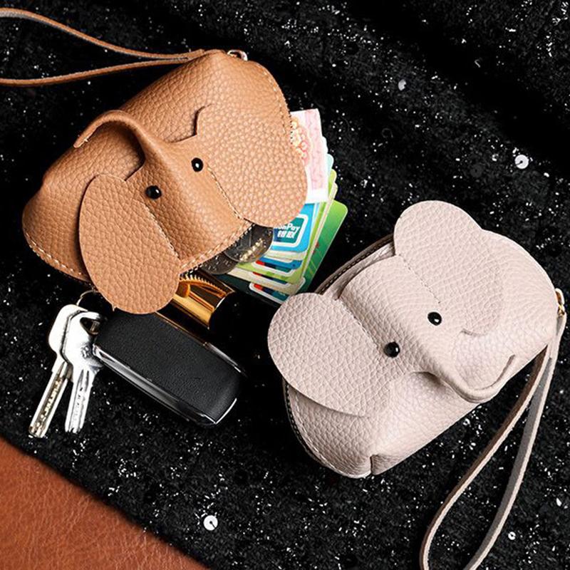 Exquisite Elephant Print PU Leather Money Bag for Women; Coin Purse with Key Ring and Zipper Pocket