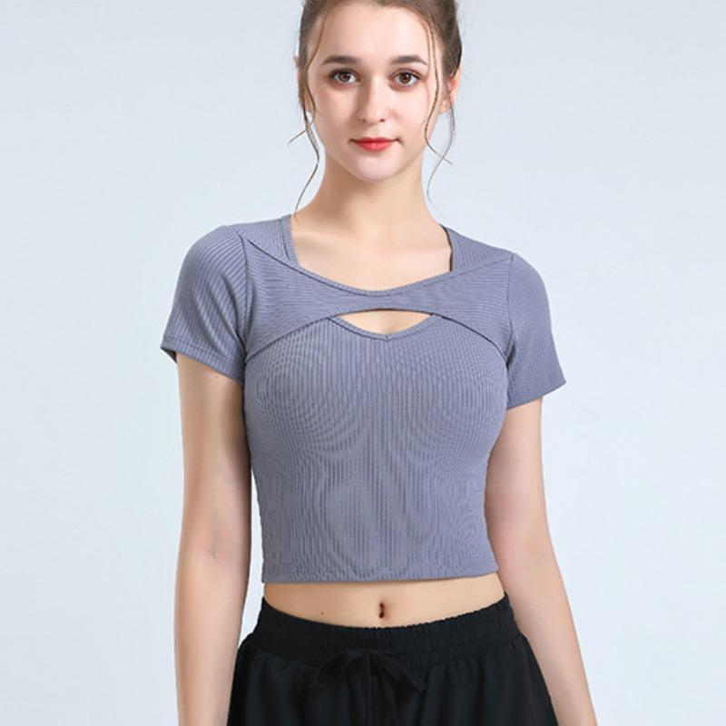 

Новая одежда для йоги, топы, футболка с короткими рукавами, женские летние облегающие спортивные эластичные дышащие топы для бега для бега, фитнес-топы L серый