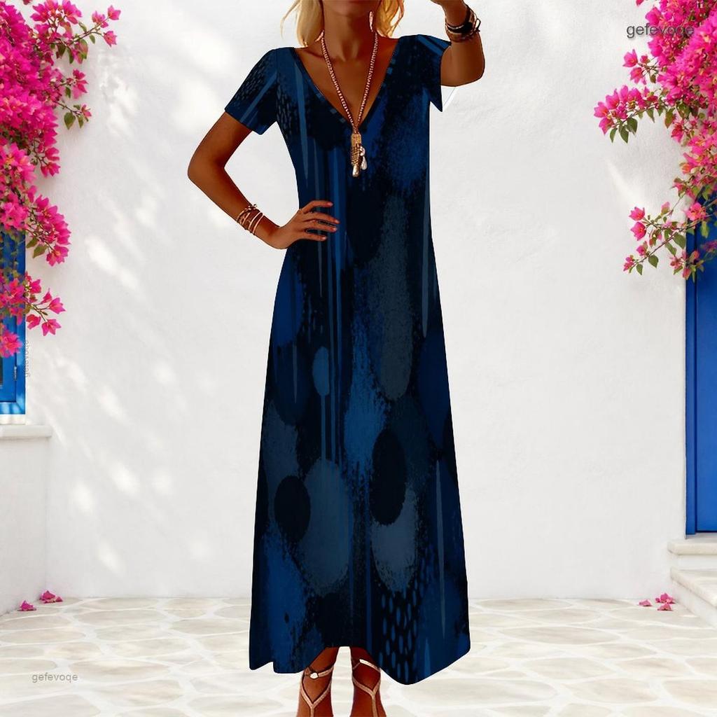 Women Plus Size V Neck Short Sleeve Printed Navy Blue Maxi Dress