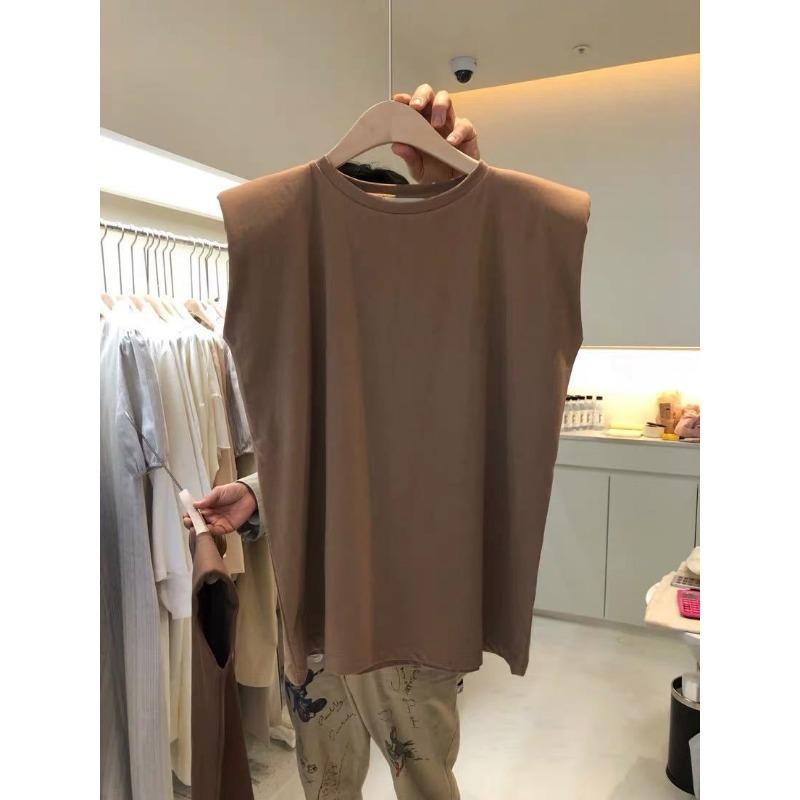 

Однотонная футболка без рукавов с круглым вырезом для женщин, летняя свободная базовая рубашка, тонкий повседневный топ-жилет 2XL коричневый