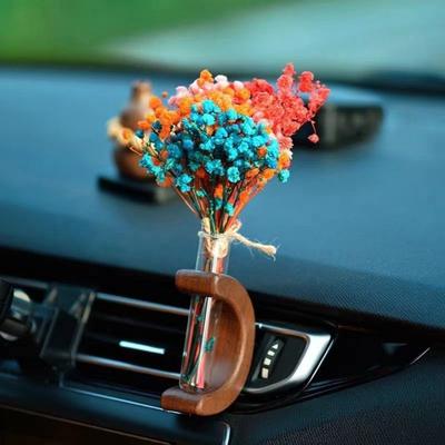 Car Air Conditioner Vent Flower Inserting Ornament Solid Wood and Glass Car Vase