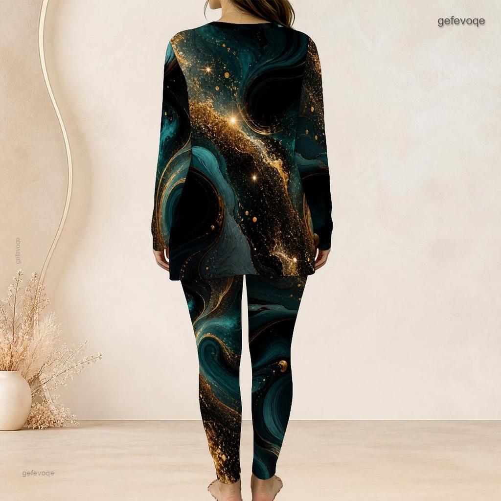 Women Plus Size Black Teal Gold Printed Two Piece Set Round Neck Long Sleeve Longline Top And Fitted Pants