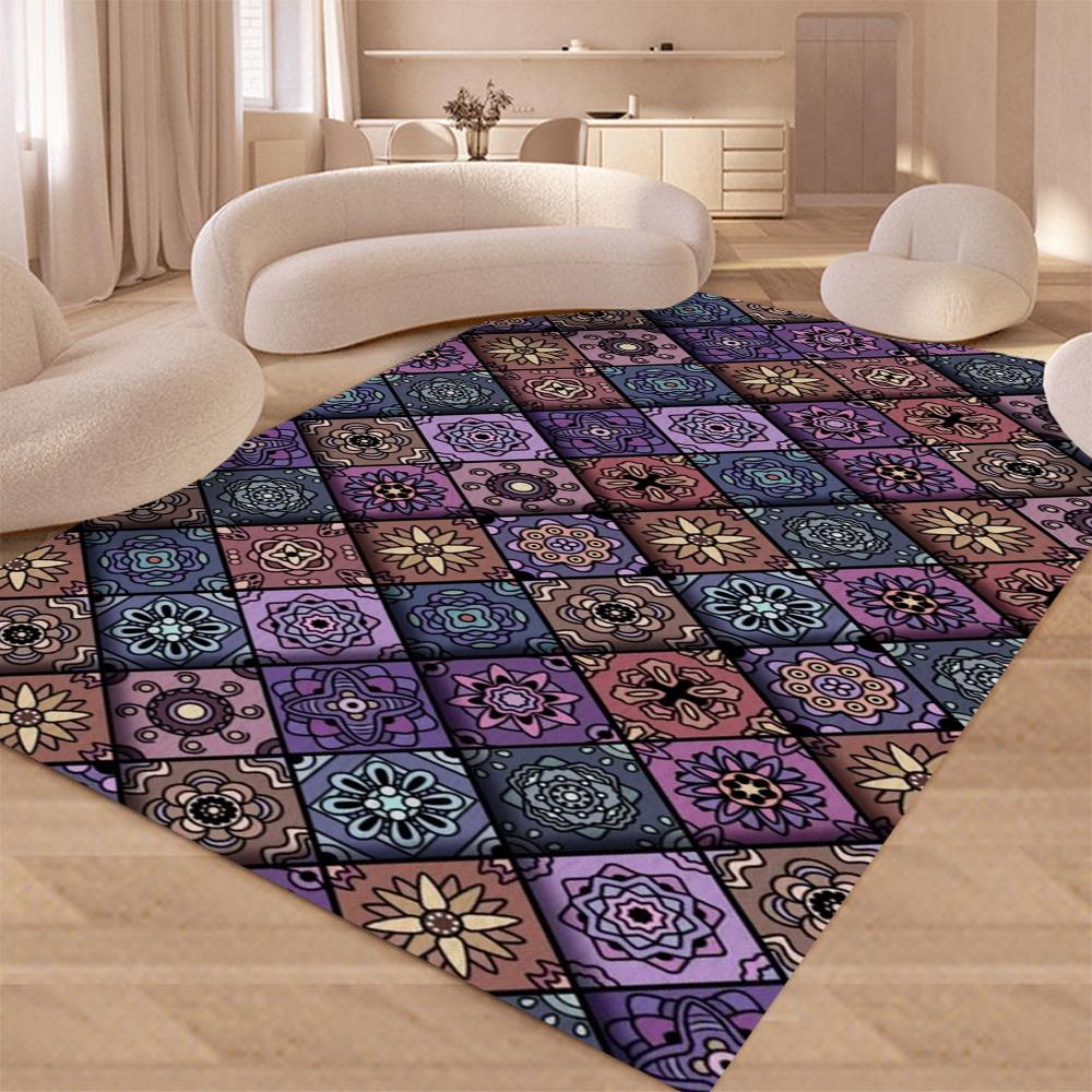 Teppichmatte mit Gittermuster Böhmischer Stil Bunt Geometrisch Rutschfest Langlebig Heimdekoration Wohnzimmer Schlafzimmer Bodenmatte