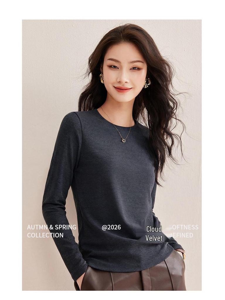 Women's Spring 2026 Round Neck Base Layer Shirt - White, Wool Blend, Skin-Friendly, Long Sleeve Warm Top