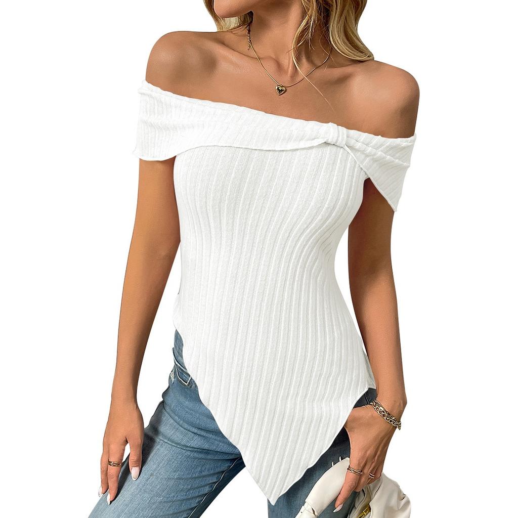 Summer Women's Slim Asymmetrical One Shoulder Sweet Sexy T-shirt Top, Crossbody Europe America Casual Tee