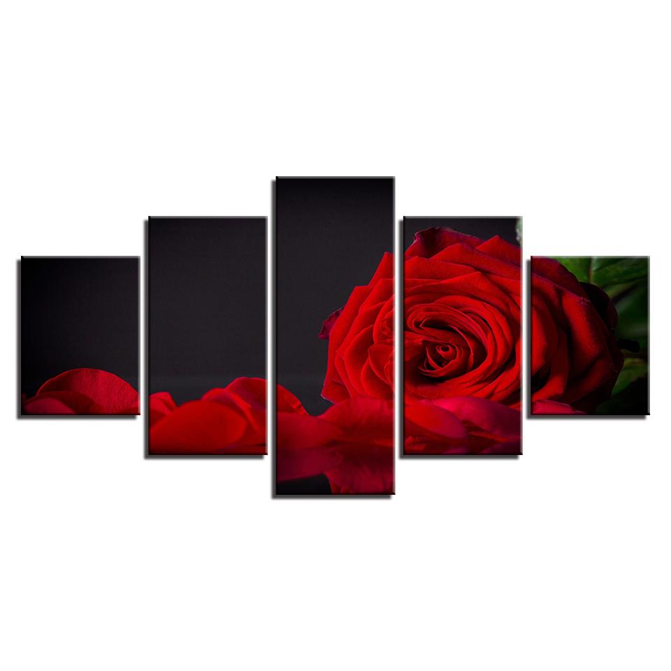 

Холст HD печатает фотографии, настенное искусство, 5 шт., картины с красными розами, модульные плакаты с лепестками, домашний декор для гостиной, рамки 20x35cm*2 20x45cm*2 20x55cm*1