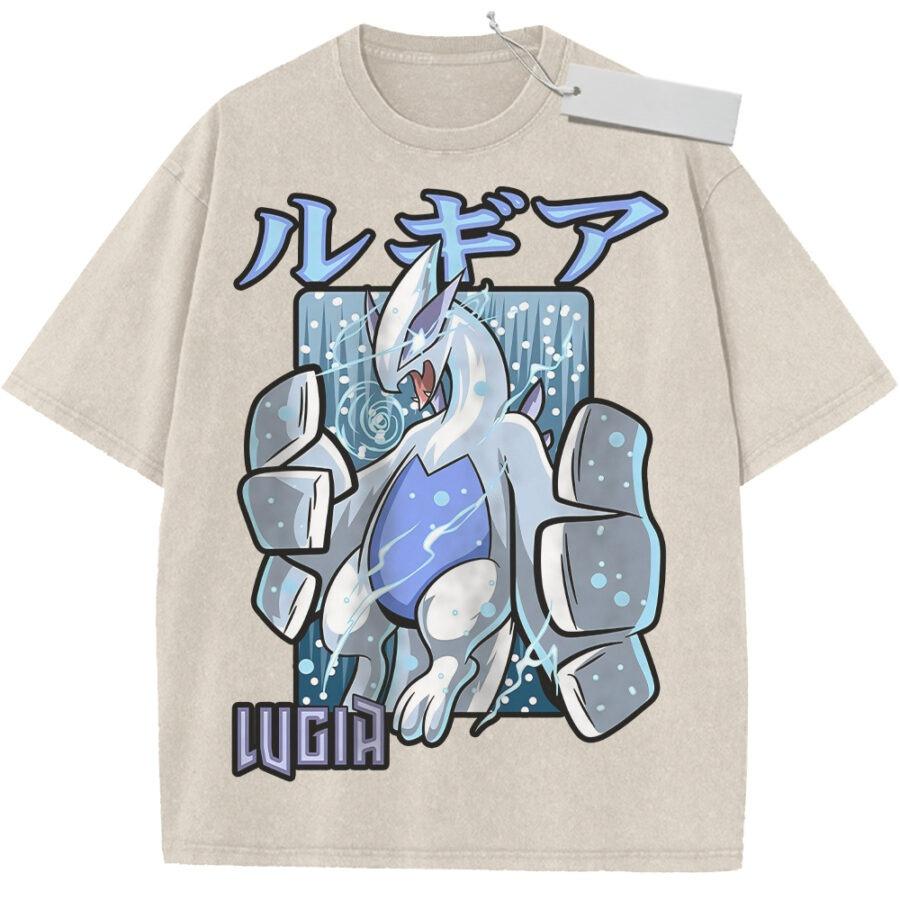 

Summer Mens Beige Washed T Shirt Pokemon Lugia Ice Storm Japanese Text High Quality Fabric for Casual Shopping M