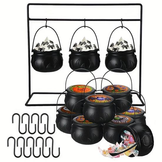 Halloween Witch Cauldron On Rack Trick or Treat Candy Serving Bowl Black Plastic Candy Holder for Halloween Party Decor