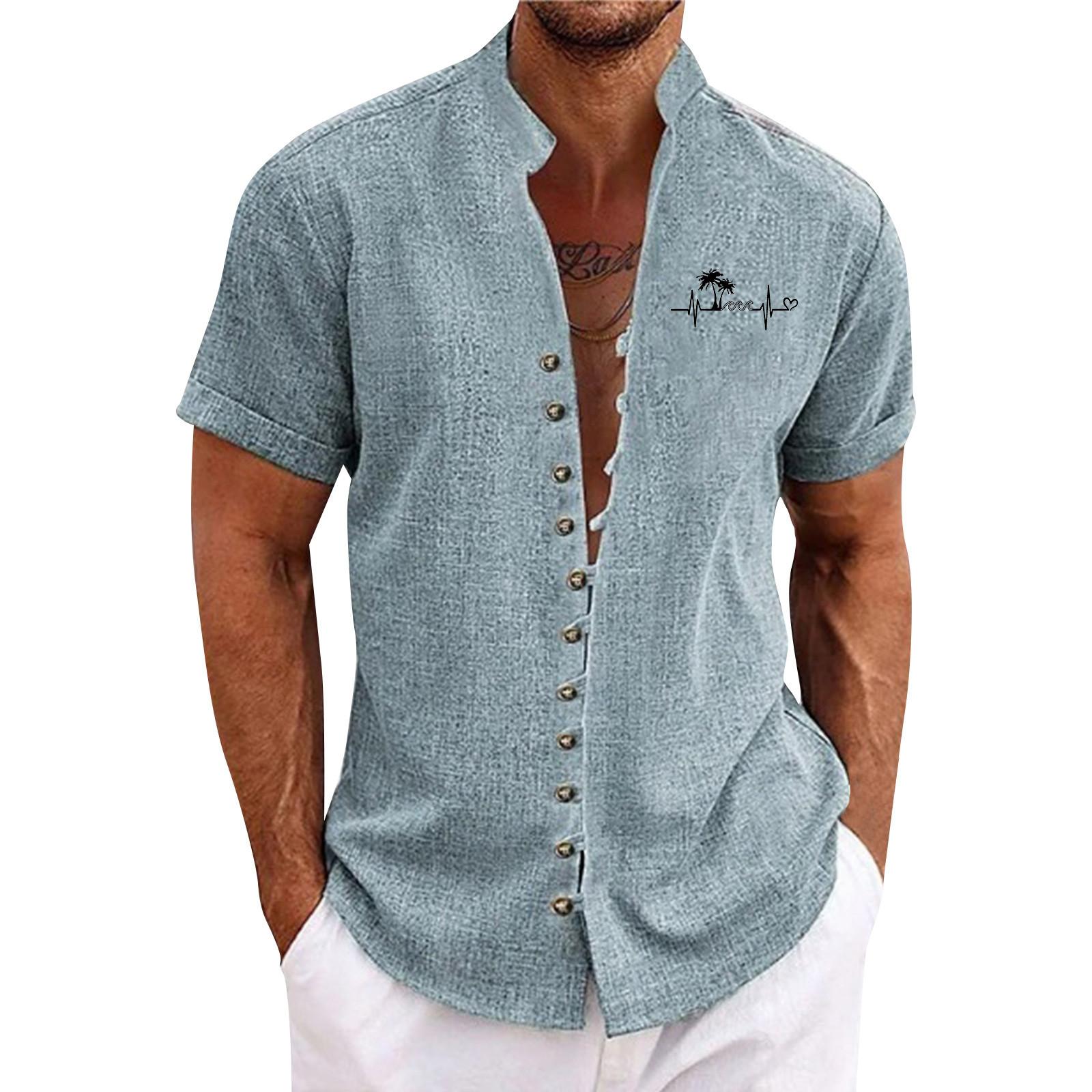 Мужская повседневная свободная рубашка с короткими рукавами и принтом модный топ с воротником-стойкой L циан 1589₽