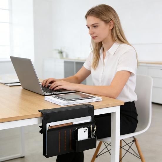 Desk Side Organizer with Magnetic Pen Holder Heavy Duty Carbon Steel No Drill Home Office Table Side Laptop Computer Notebook Holder Storage Rack