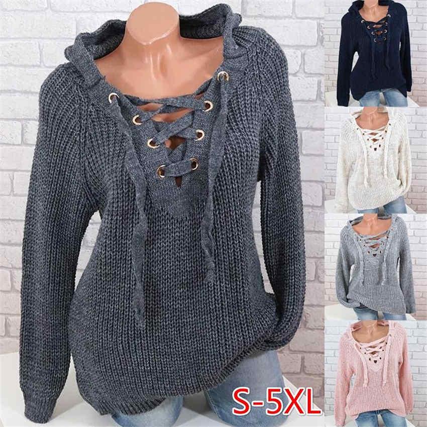 Women's Long Sleeve Hooded Pullover Fashion Autumn/Winter V-neck Sweaters Knitted Tops