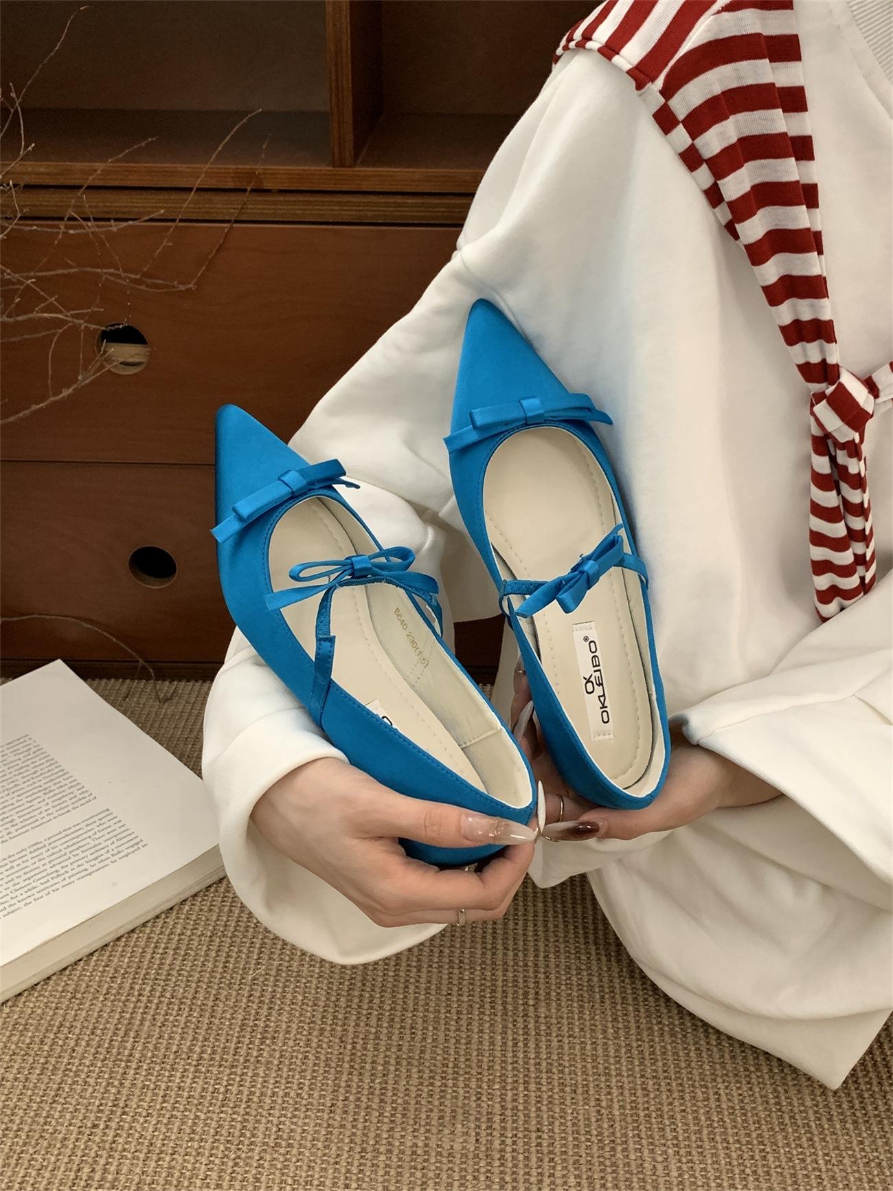 

Inner height increase 3cm French gentle pointed nude double bow Mary Jane shoes 2025 new single shoes women 39 озеро синий