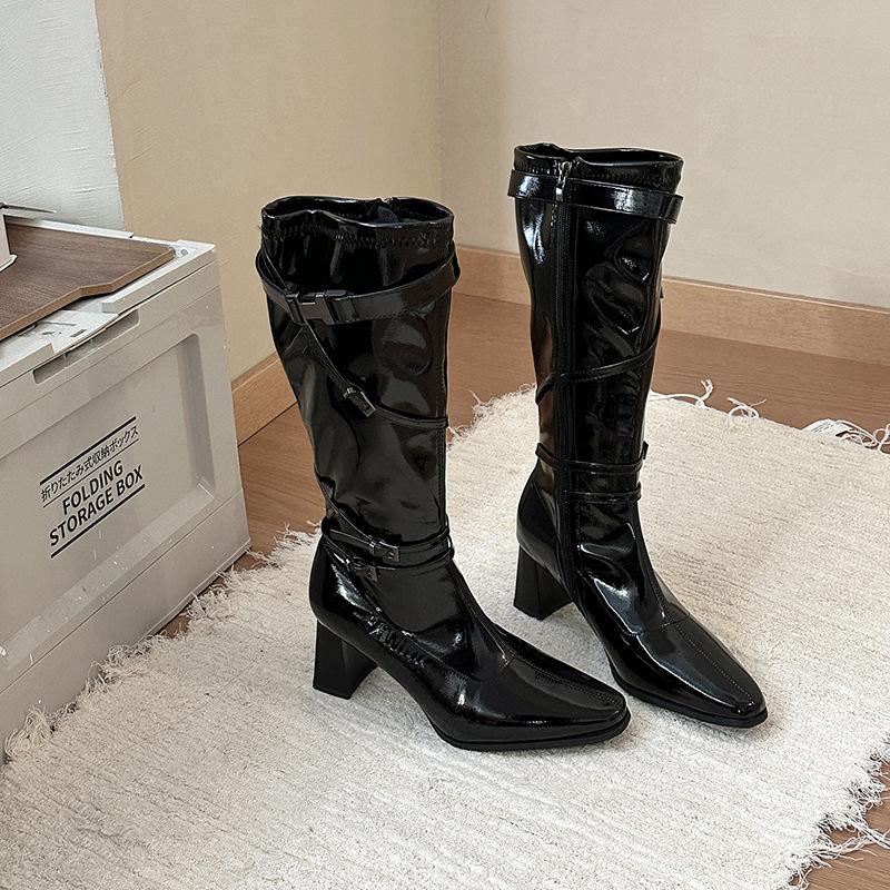 Fashion Comemore Retro Belt Buckle Women's Boots Autumn and Winter Fashion Pointed Leather Shoes for Women Thick High Heel Knight Botas
