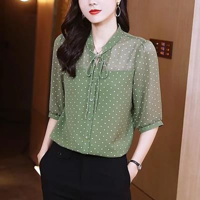 Chiffon Shirt for Women Fashionable Age-reducing Top Half-sleeved Temperament Tie Loose and Beautiful Thin Shirt for Women