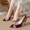 Embroidered Block Heel Single Shoes Women's Pointed Toe Shallow Mouth Pearl Bow Slip-On Pump Heels