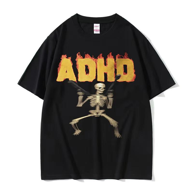 ADHD Skeleton Meme Vintage T Shirt Humor Horror Funny Skull Graphic Tee Unisex Casual Oversized Streetwear Top for Unisex Women