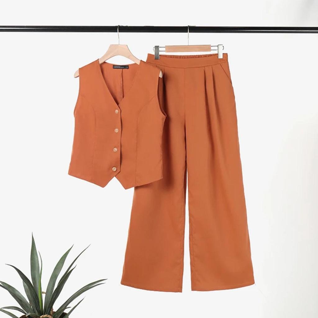 2025 Women's Fashion: European & American Solid Color Vest and Long Pants Two-Piece Casual Set