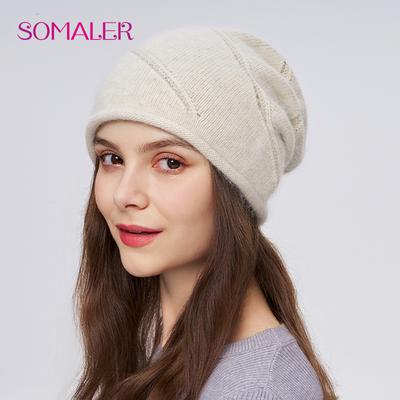 Chapeau d'hiver pour femme en laine d'angora, épais, chaud, tricoté, slouchy, bonnet orné de strass, bonnet de mode à bord roulé, bonnets d'extérieur