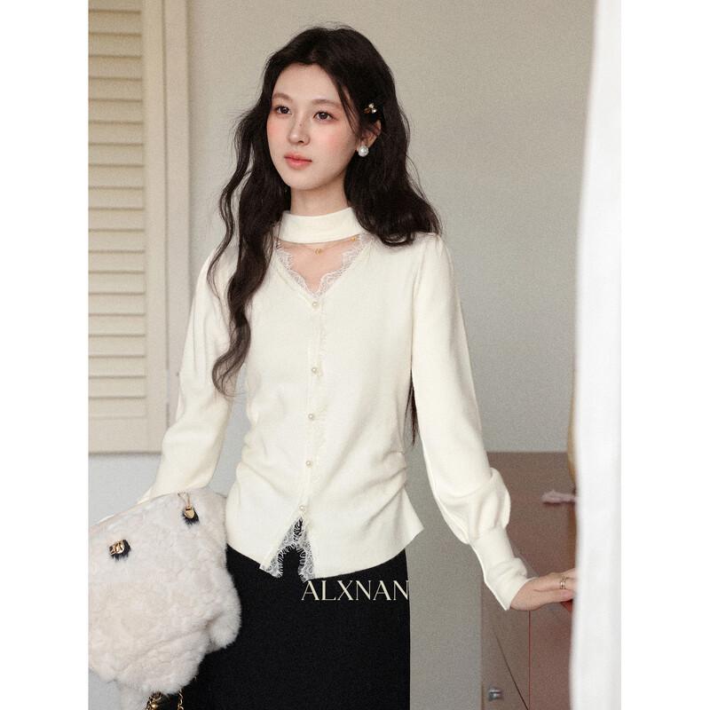 Luxiangnan  Flower Language Bird Song  Lace Patchwork Long Sleeve Knitted Top S