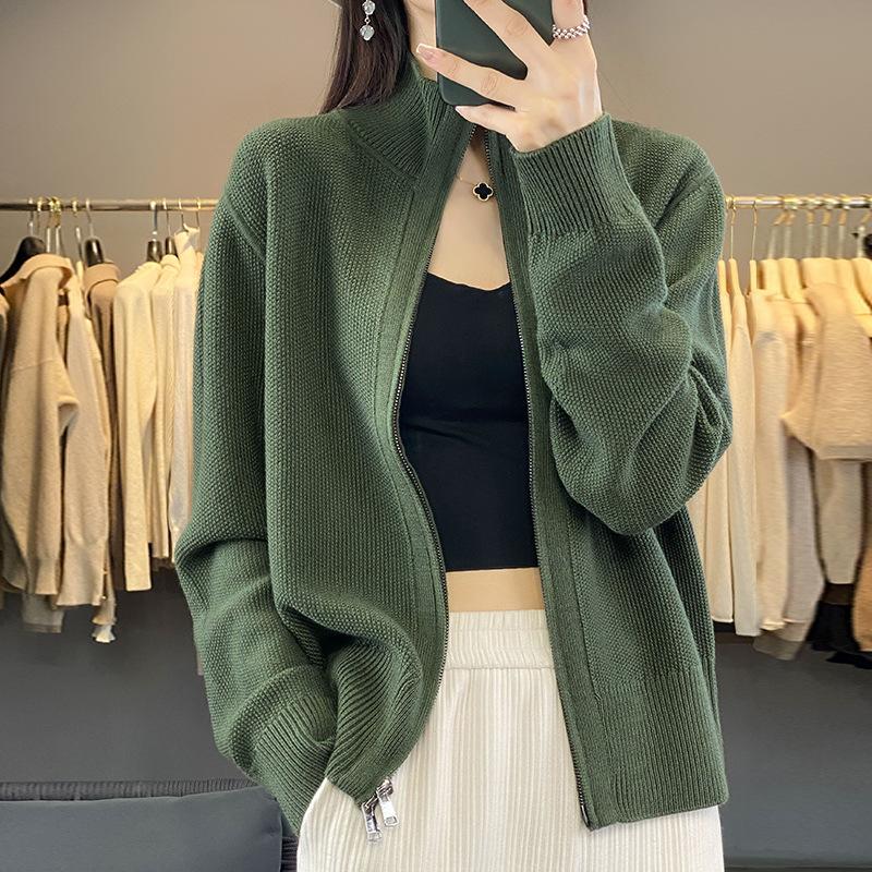 Fashion Casual Stand-up Collar Jacket Women's New Knitted Sweater Double Zipper Cardigan Sweater Top Base