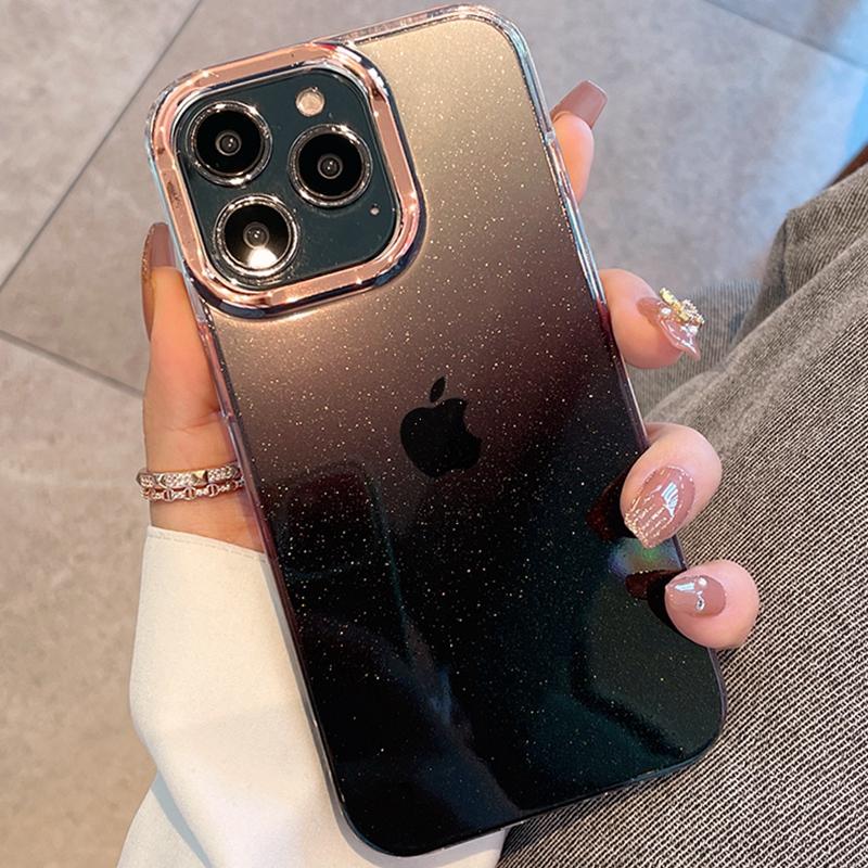 Luxury Gradient Glitter Bing Phone Case For iPhone 16 Pro Max 15 14 13 12 11 Plus Plating Transparent Shockproof Bumper Cover