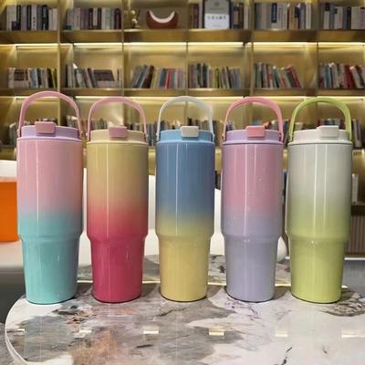 Popular Gradient Color Portable Stainless Steel Thermos Cup Large Capacity Portable Straw Cup Household Car Cup