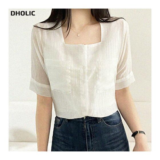 Women s Korean Fashion Tops Blouse Short Sleeve Square Neck Plain See-through Sheer Thin Office Feminine Simple Chic Daily Outing Spring Summer