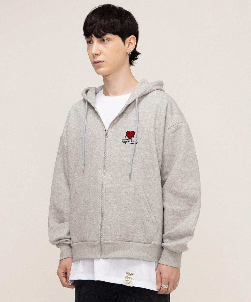 Graver [Unisex] Heartboard Embroidered Zip-Up Hoodie_Gray