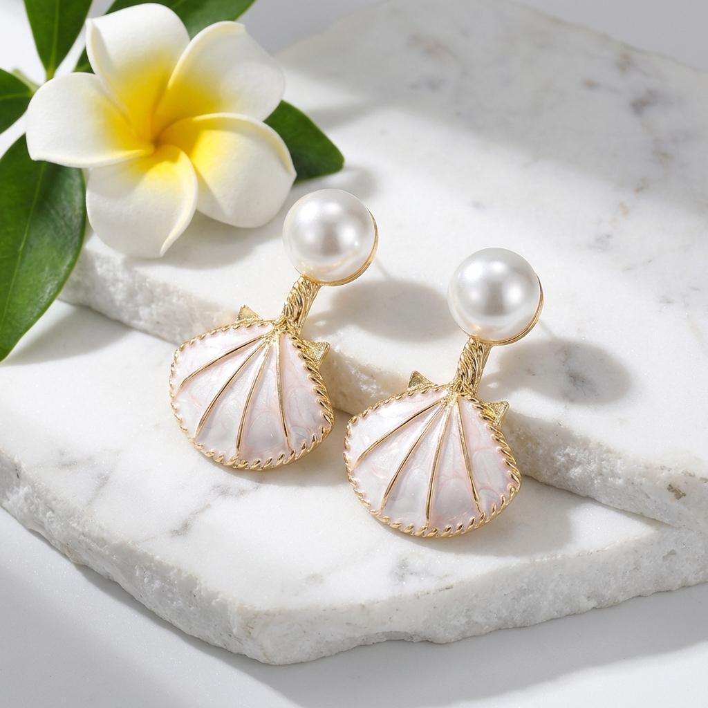 Creative Ocean Blue Shell Pearl Stud Earrings For Women Vintage Dripping Oil Imitation Pearl Shell Texture Earring Party Jewelry