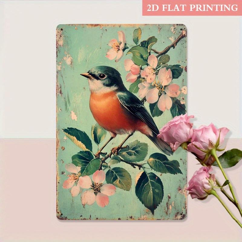 1pc Vintage Bird & Blossom Metal Wall Art - 8x12 Inch Iron Sign with Pastel Spring Colors, Distressed Mint-Green Background