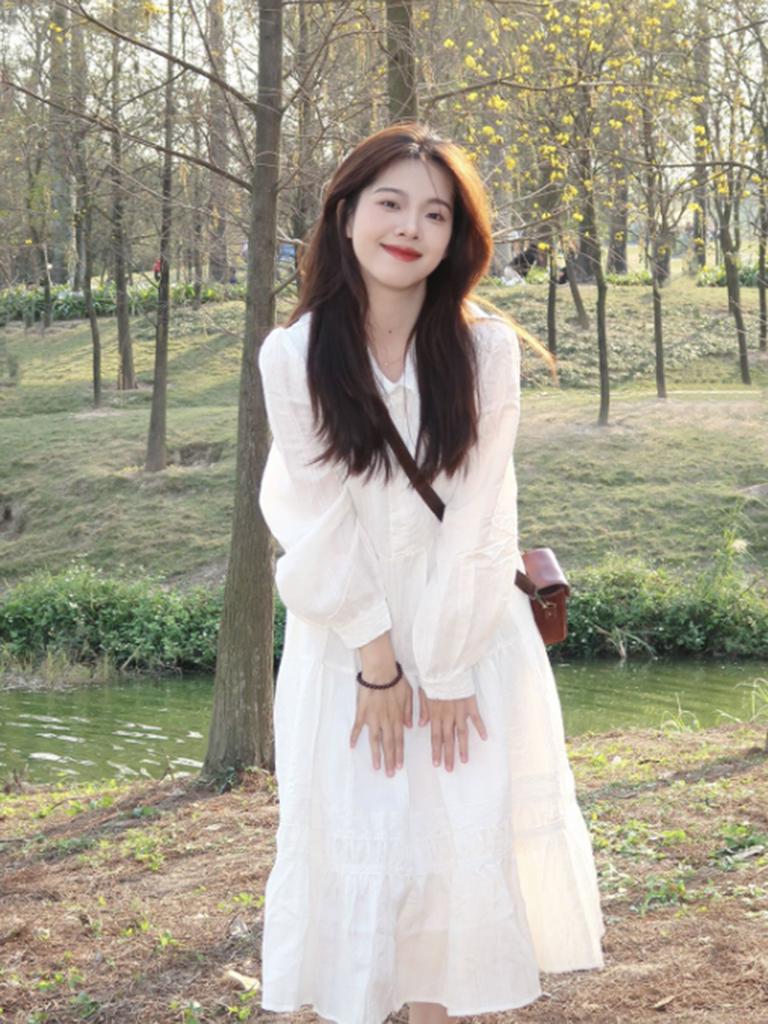 Frühlings-Langarm-Weißes Kleid Mädchen Neues Frühling Süßes Reines Spitzenkleid für Zierliche Mädchen