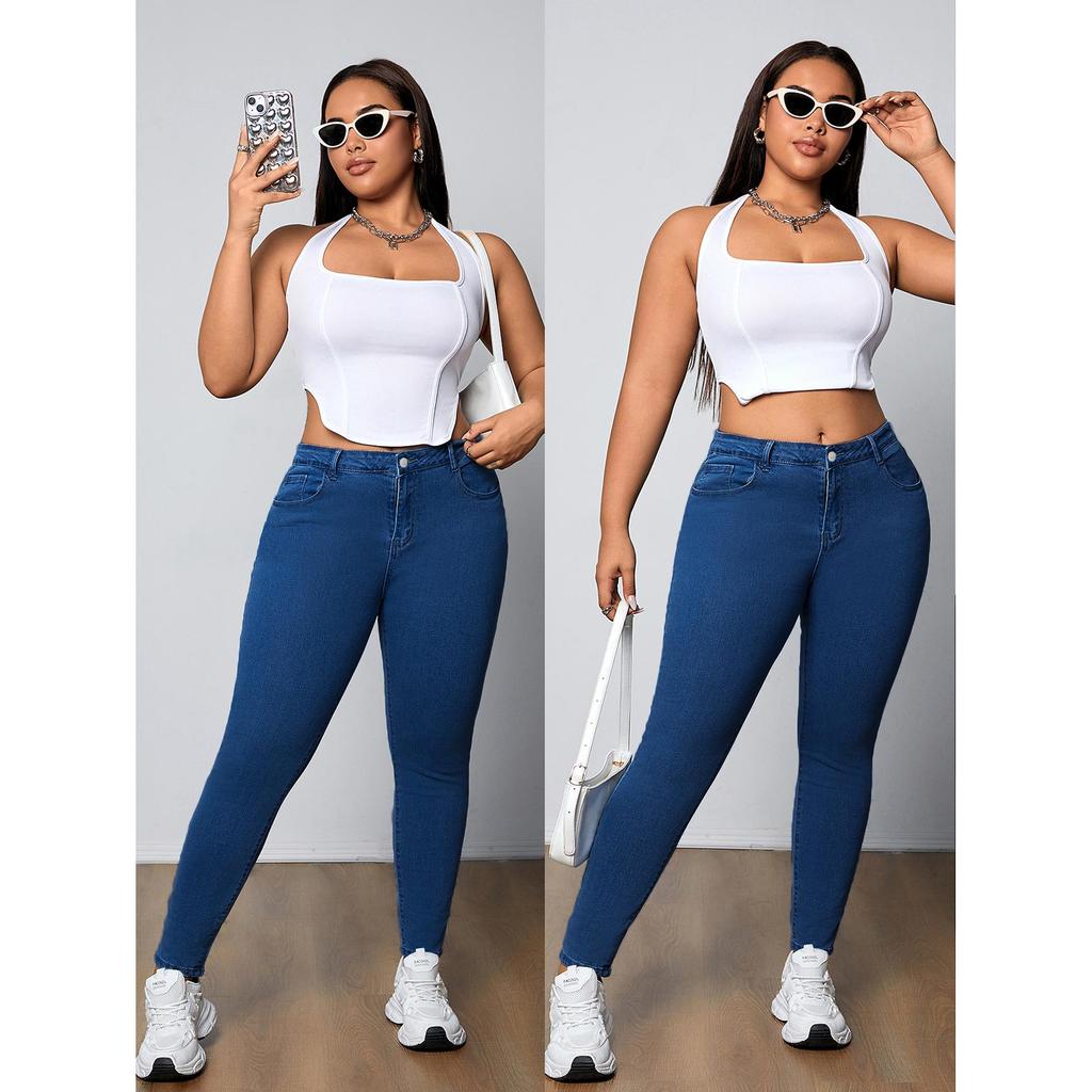 High Waist Women's Straight Dark Blue Jeans Plus Size Full-Length Stretch Skinny Pencil Pants Comfortable Ladies Summer Casual