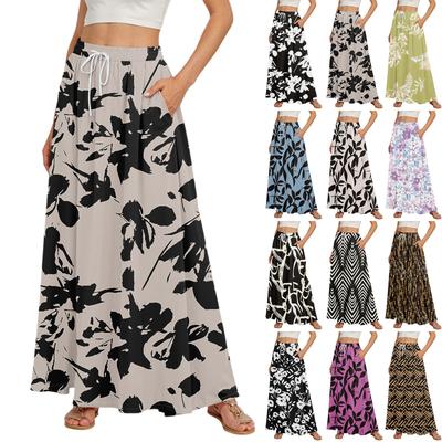 Women's Flowy Flared Ruffle Hem A Line Maxi Skirts Elastic Waist Elegant Tiered Layer Boho Long Skirts
