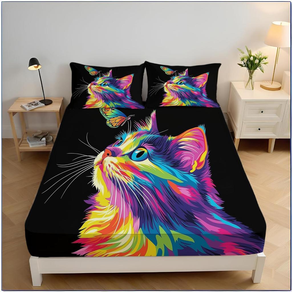 Cat Fitted Sheet and pillowcases, cartoon Bedding Set Small Double Size, Bed 3 Piece Bedding Decor Set For Teens Boys Girls