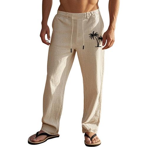 European, American Retro Men's Coconut Tree Printing Breathable Cotton and Linen Loose Casual Sports Trousers Men