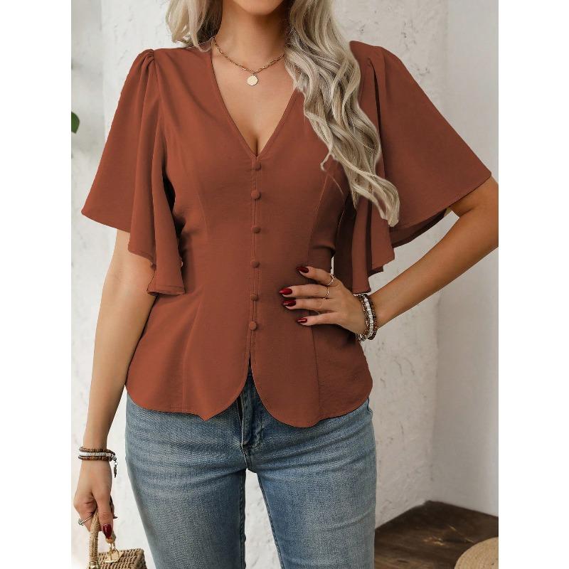 JKASHDK Women's Fashion Casual Summer Spring Solid Color Print Short Sleeve V-Neck Blouses & Shirts