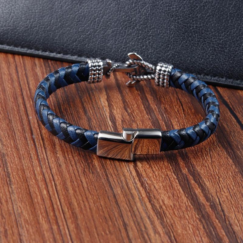 European and American Men's Titanium Steel Bracelet Cowhide Woven Anchor Leather Bracelet Leather Rope 2026