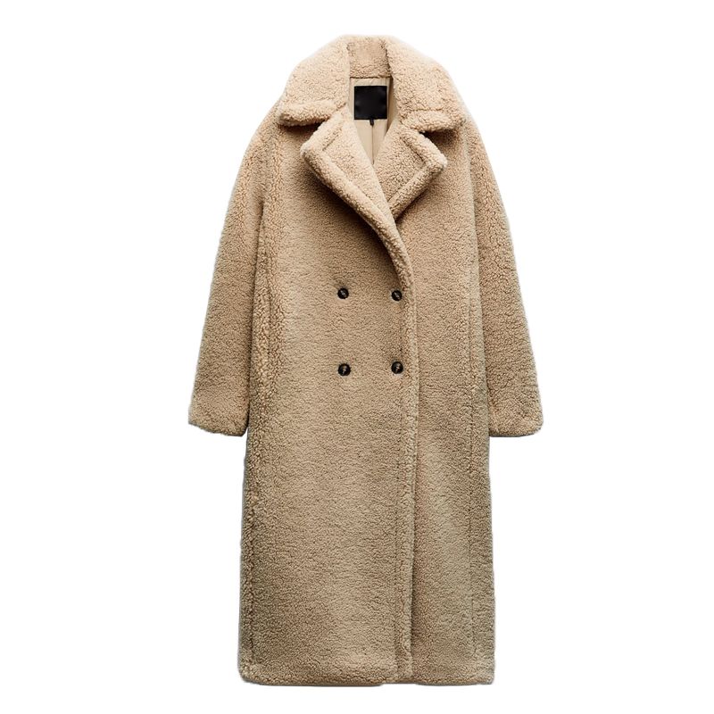 Fall and Winter New Arrival V-Type Lapel Thickening Mid Length Long Length Lamb Wool Fleece Long Coat Outwear 1255700